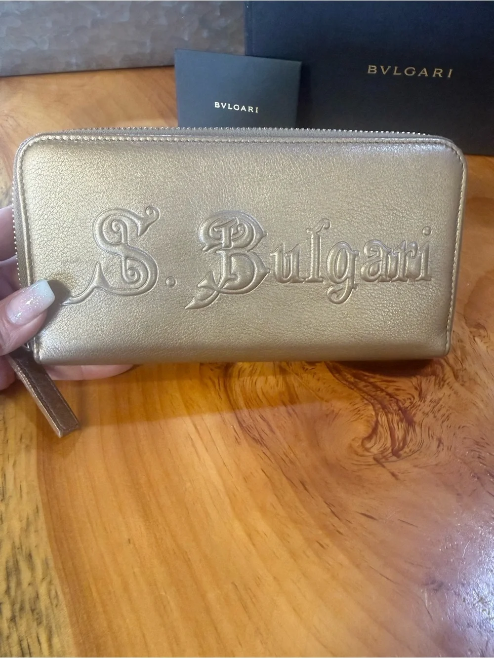 Bulgari Metallic Gold Zip Wallet with original box & cards